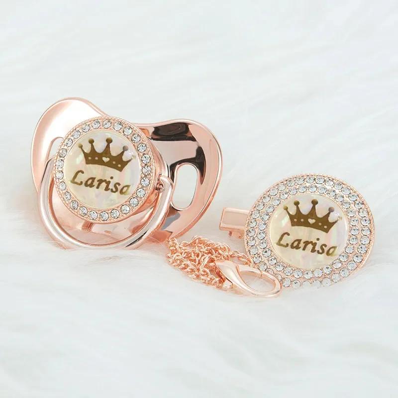 MIYOCAR-Ensemble de sucette et attache-tétine avec couronne en or rose scintillant, nom personnalisé