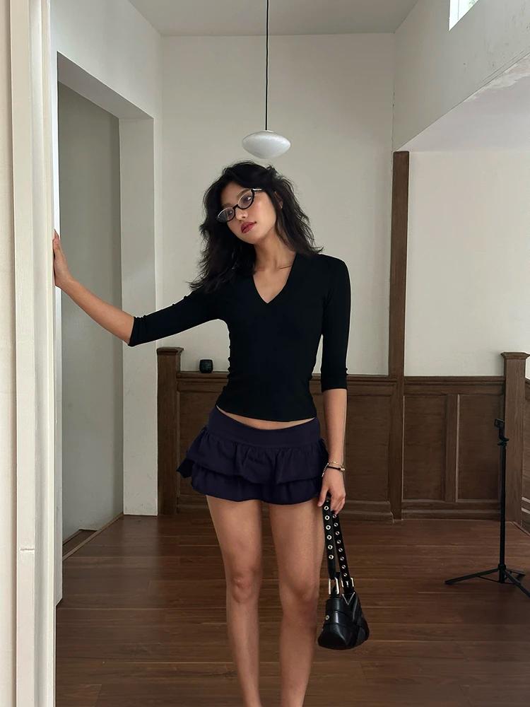 Yedinas col en v Streetwear noir T-shirt femmes vêtements demi manches mode coréenne mince été hauts