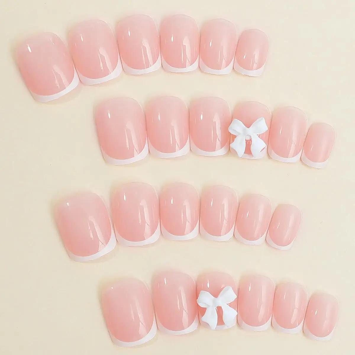 CuemployPusher-Faux ongles français, carré moyen, blanc, nœuds sur les ongles, poignées amovibles et
