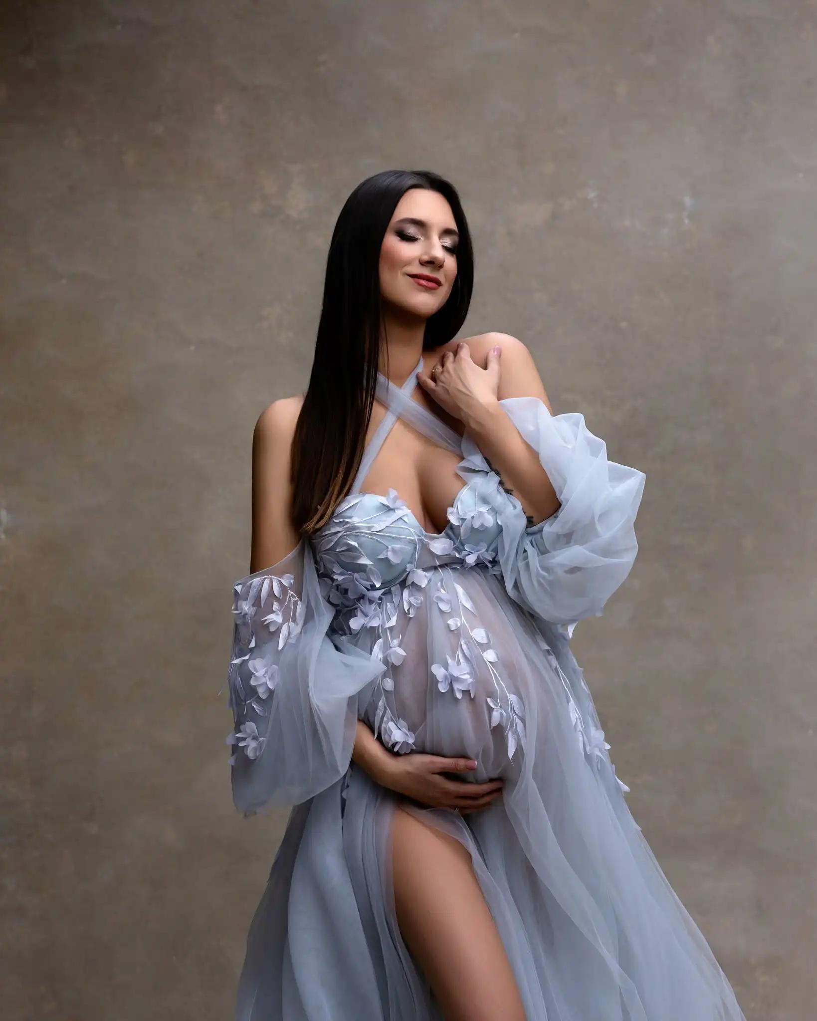 Fairy Blue Floral Matenity Dress Photoshoot Off Shoulder Illusion Soft Tulle Slit Maternity Dresses 