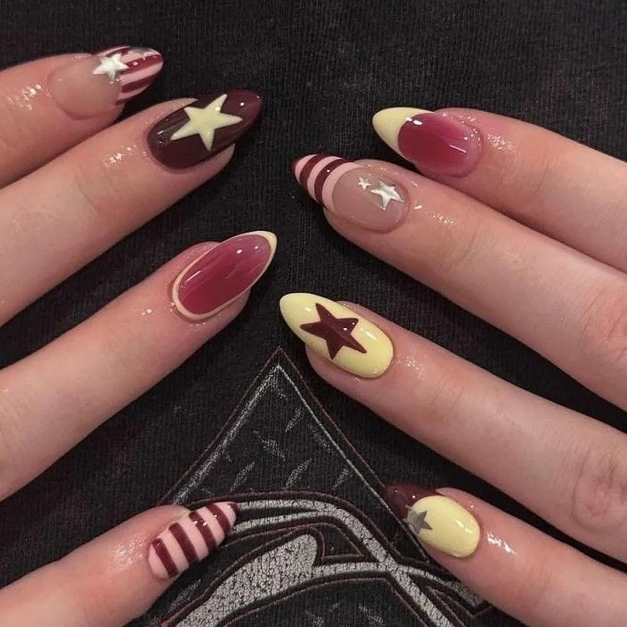 Faux ongles épicés en amande pour filles, 24 pièces, à pression française, à pois/rayons imprimés, b