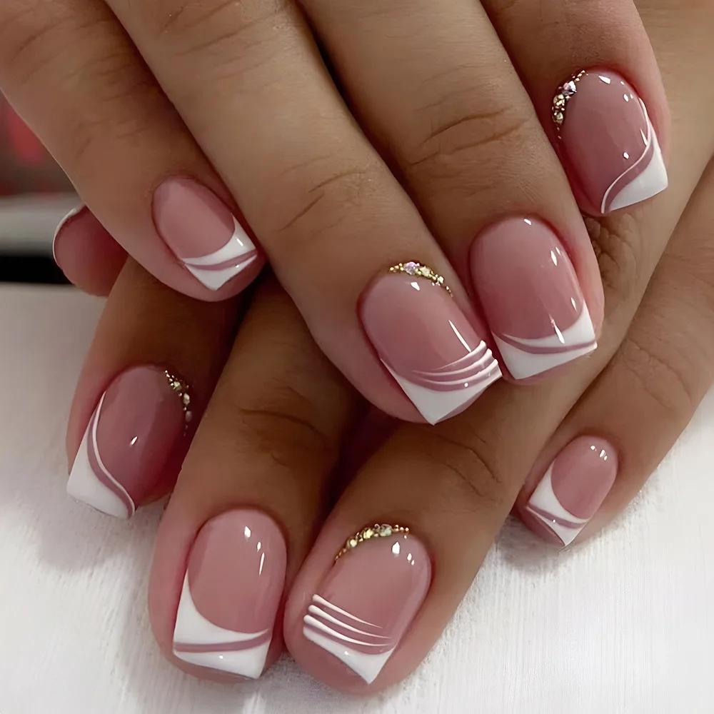 Faux ongles à tête carrée Simple, avec colle gelée, dégradé rose et blanc, presse française sur faux