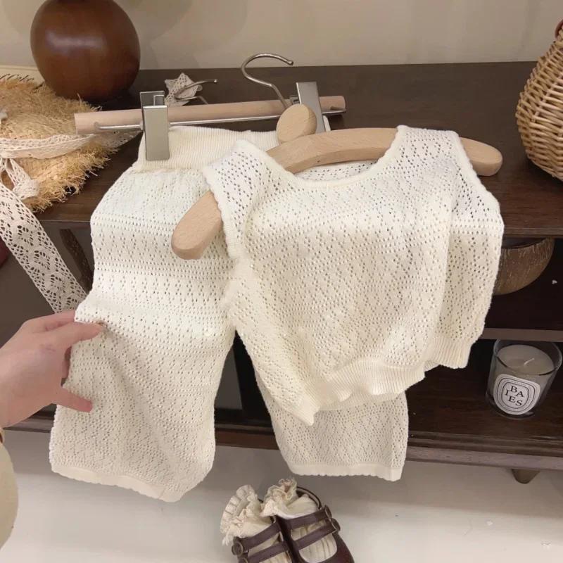 Ensemble de vêtements d'été pour filles, tricoté fin coréen, gilet ajouré et respirant + pantalon à 
