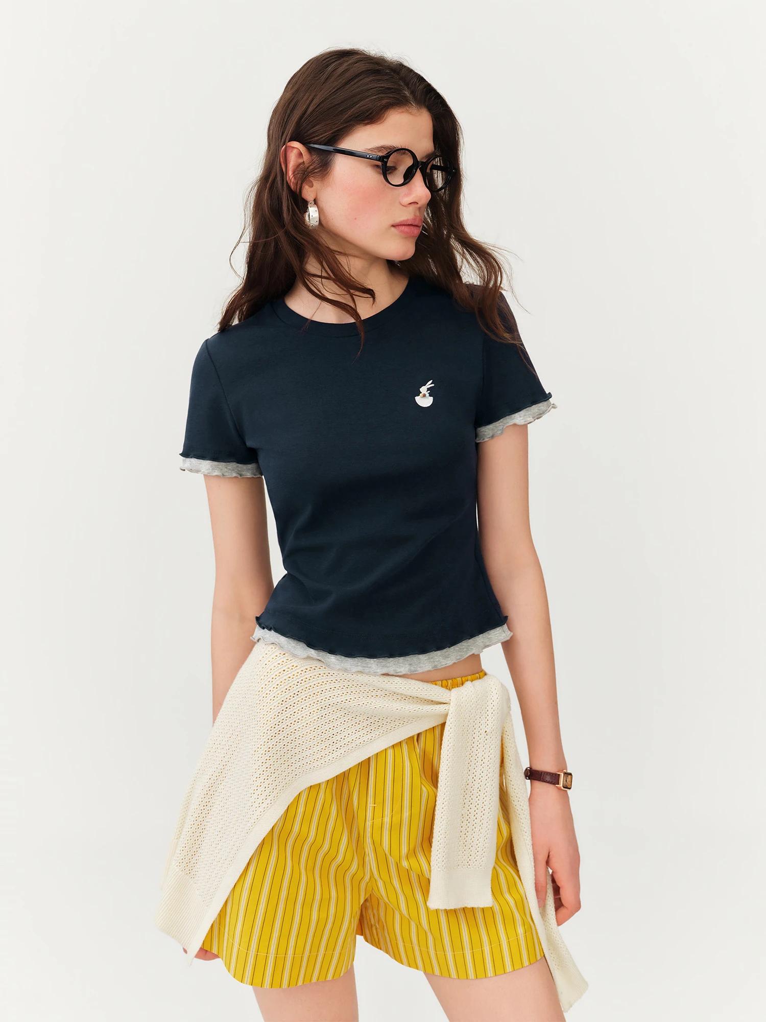 T-shirt à manches courtes en coton FSLE pour femme, effet deux pièces, couleur contrastante, style «