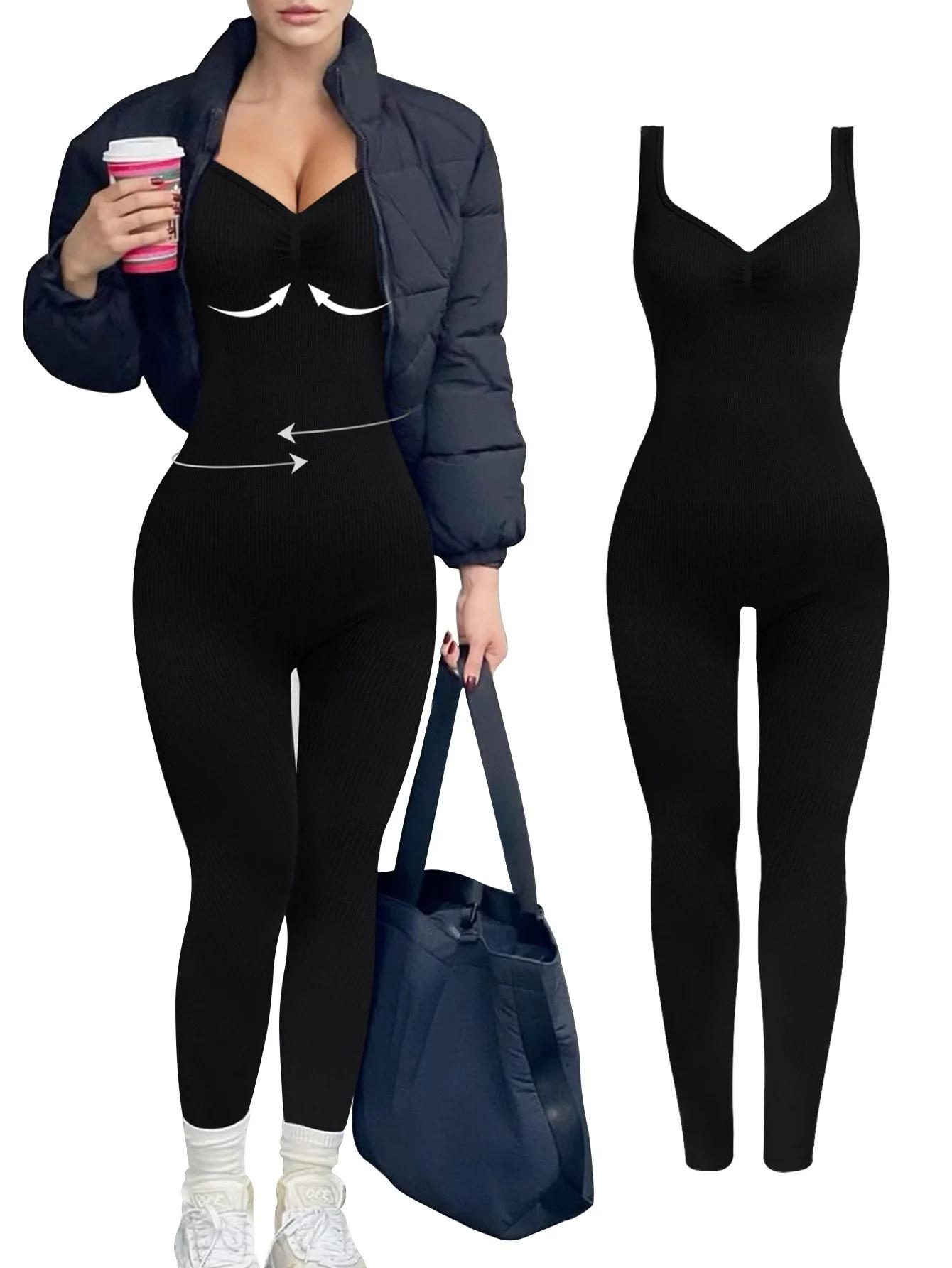 Combinaisons de Yoga une pièce pour femmes, col en v, sans couture, couleur unie, contrôle du ventre
