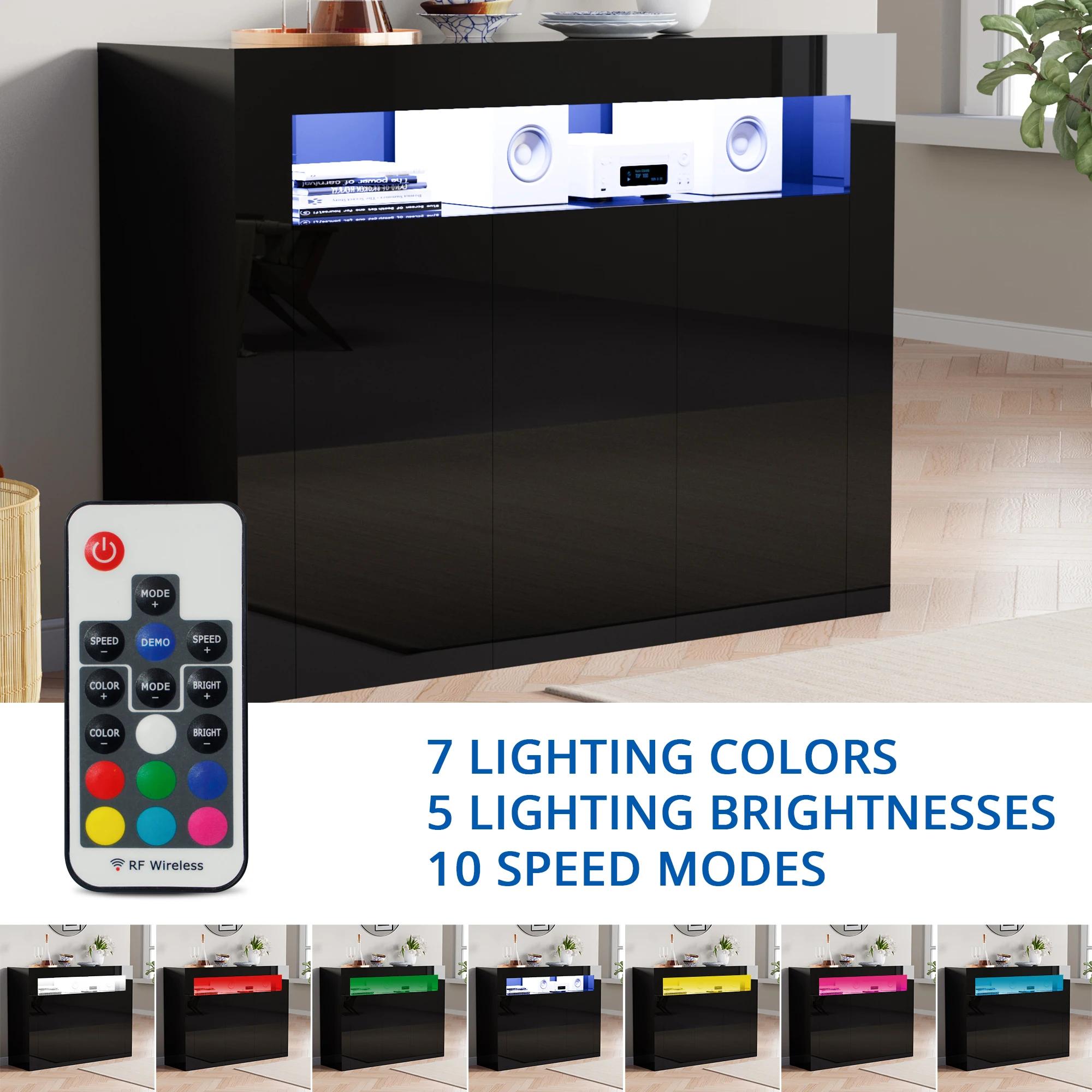 Armoire de rangement moderne avec lumières LED, buffet haute brillance, étagère réglable, 3 portes