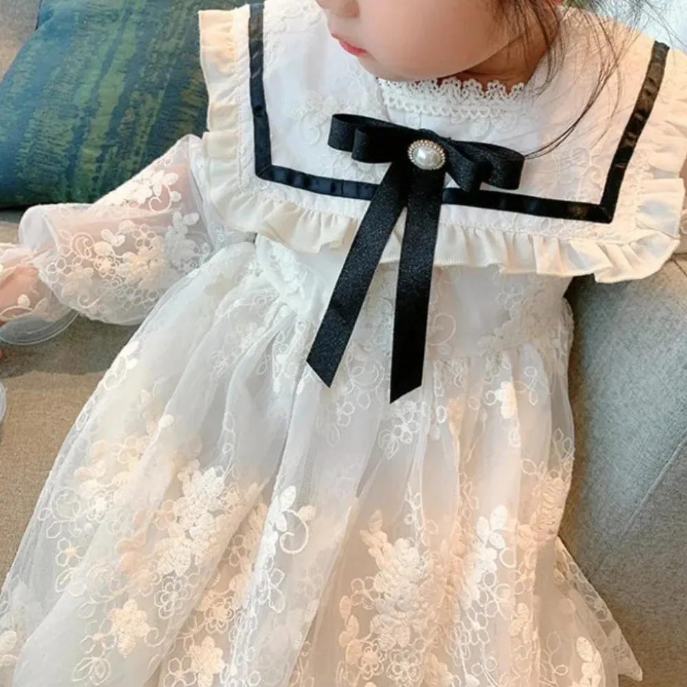 Robe coréenne à fleurs Beige pour filles, avec nœud en dentelle, manches longues, décoration pour ad