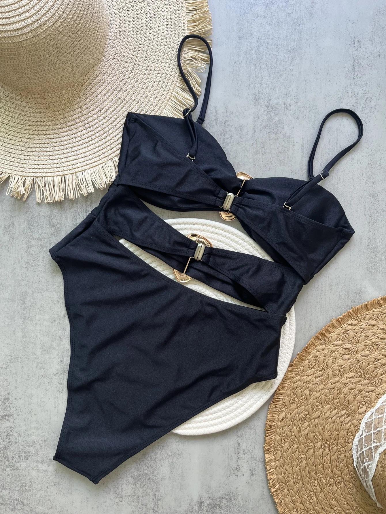3 couleurs Sexy anneaux en métal découpé femmes maillots de bain une pièce maillot de bain femme Ban