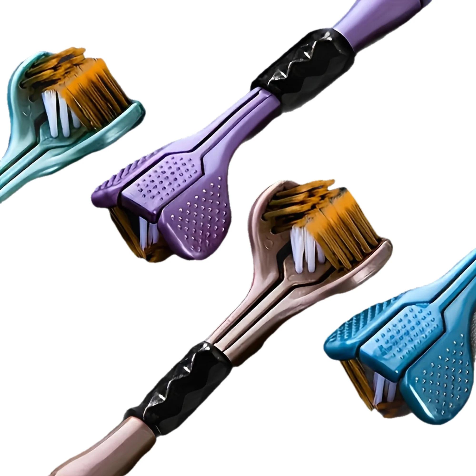 Ensemble de 4 brosses à dents manuelles ergonomiques avec 3 têtes de brosse, poils volcaniques dorés