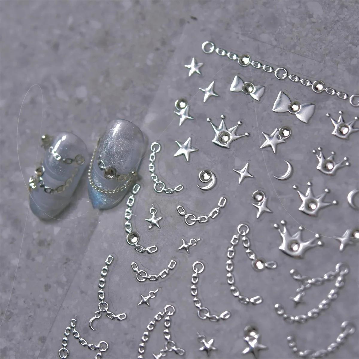 Autocollants pour ongles en chaîne étoile diamant 5D, 1 pièce, or argent, auto-adhésifs, décorations