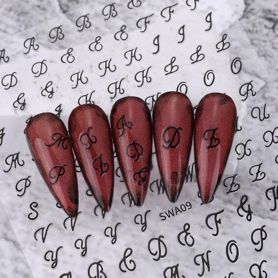 Autocollants pour ongles avec lettres romaines, 4 pièces, doré, argent, noir, blanc, Design Alphabet