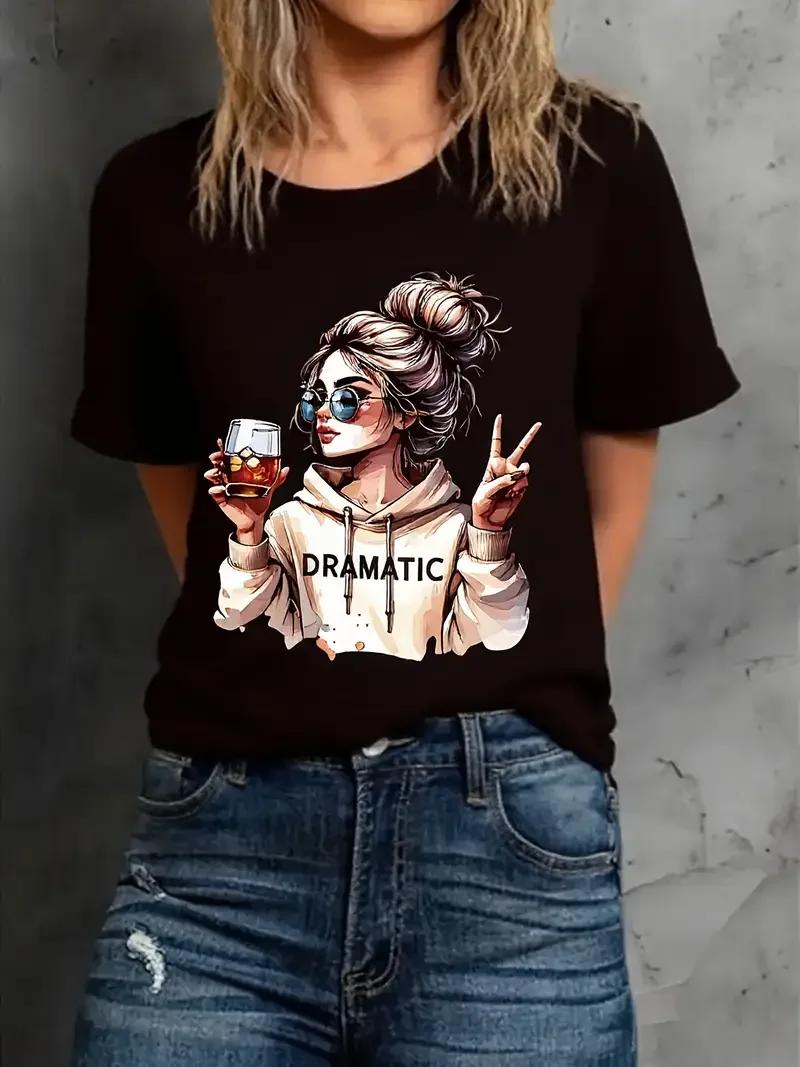 Streetwear années 90 femmes T-Shirt graphique décontracté "Dramatic" imprimé avec imprimé vin T-Shir