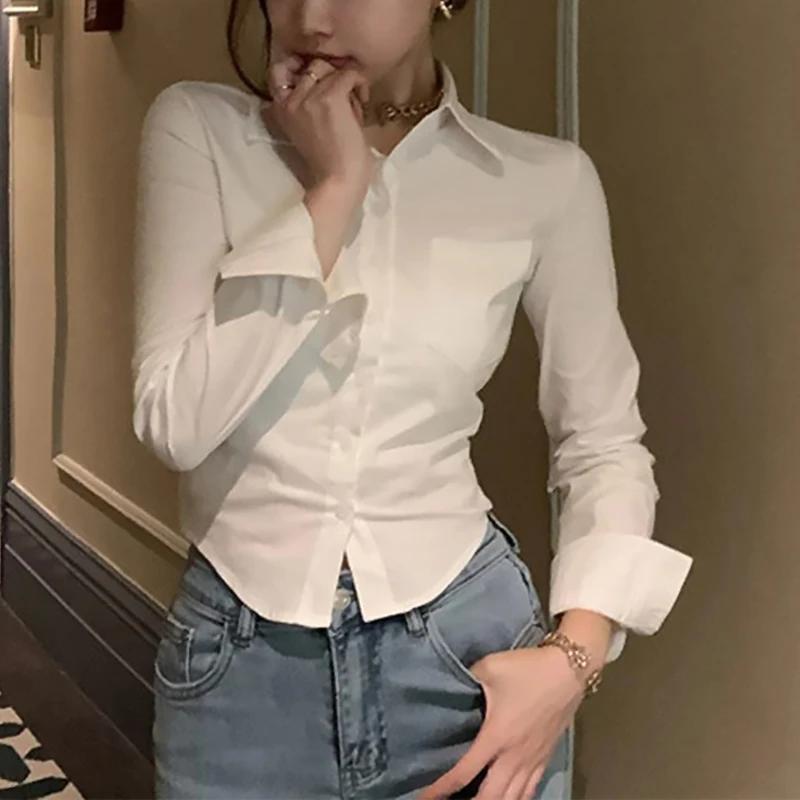 Coréen blanc bureau femmes chemise en mousseline de soie poche bouton revers dames Blouse printemps 