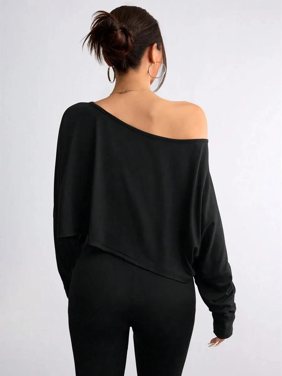 Chemisier noir à manches longues pour femmes, T-shirt décontracté, col asymétrique, haut sans bretel