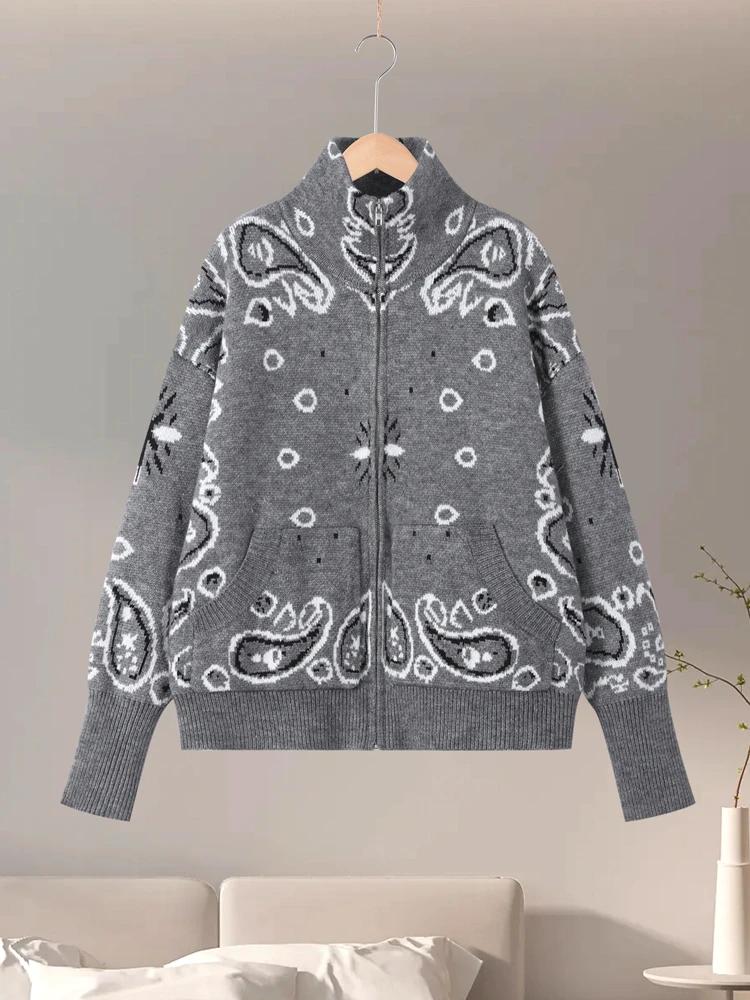 Cardigan Vintage en tricot Jacquard à col montant pour femme, fermeture éclair, manches longues, poc