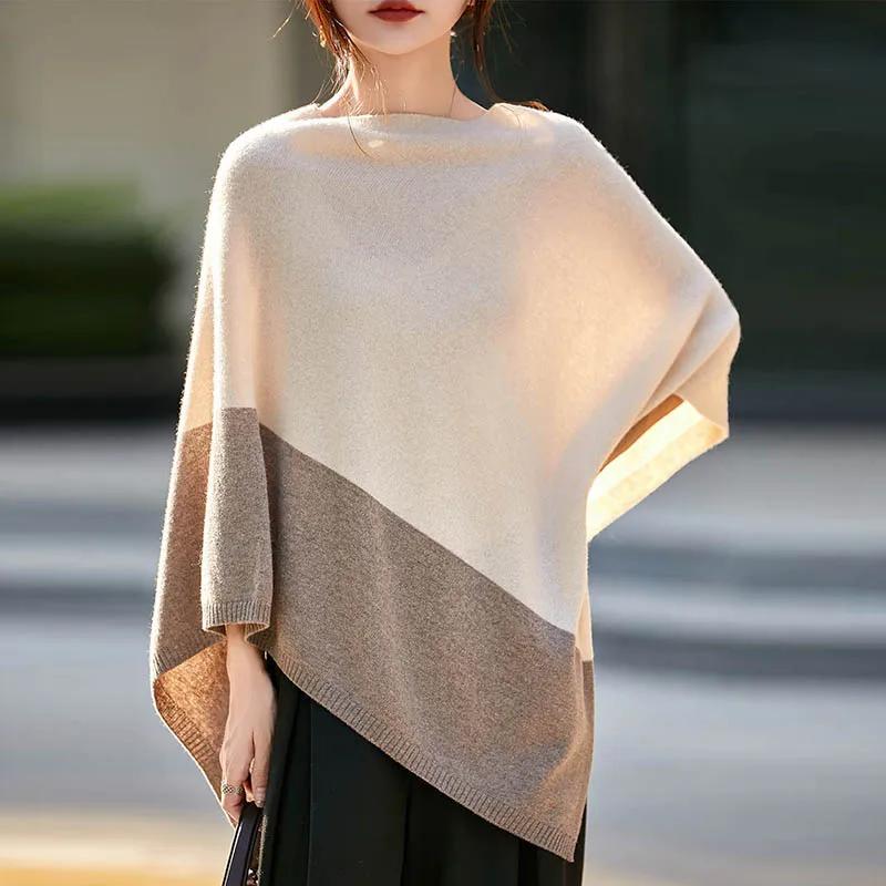 Cape en laine mérinos pour femmes, pull-over, châle, Style Simple, bureau, mi-longue, contrastée, au