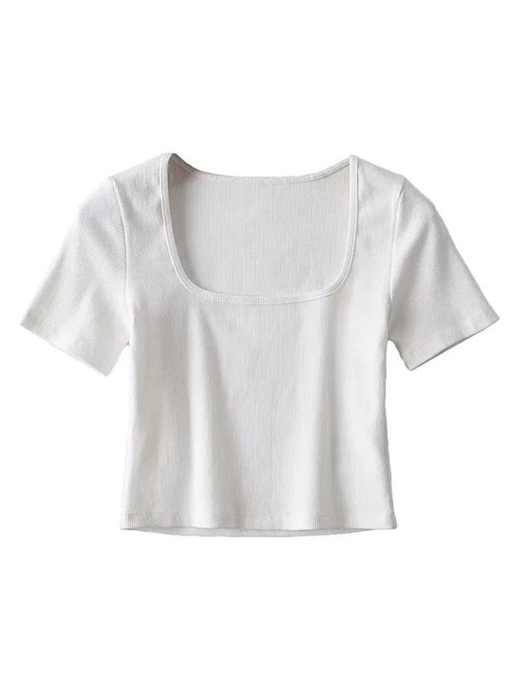 T-shirt court côtelé à col carré pour femmes, haut court à manches courtes