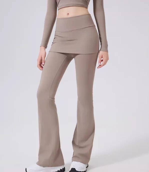 Pantalon faux deux pièces à taille haute légèrement évasé avec jupe intégrée pour femmes, idéal pour