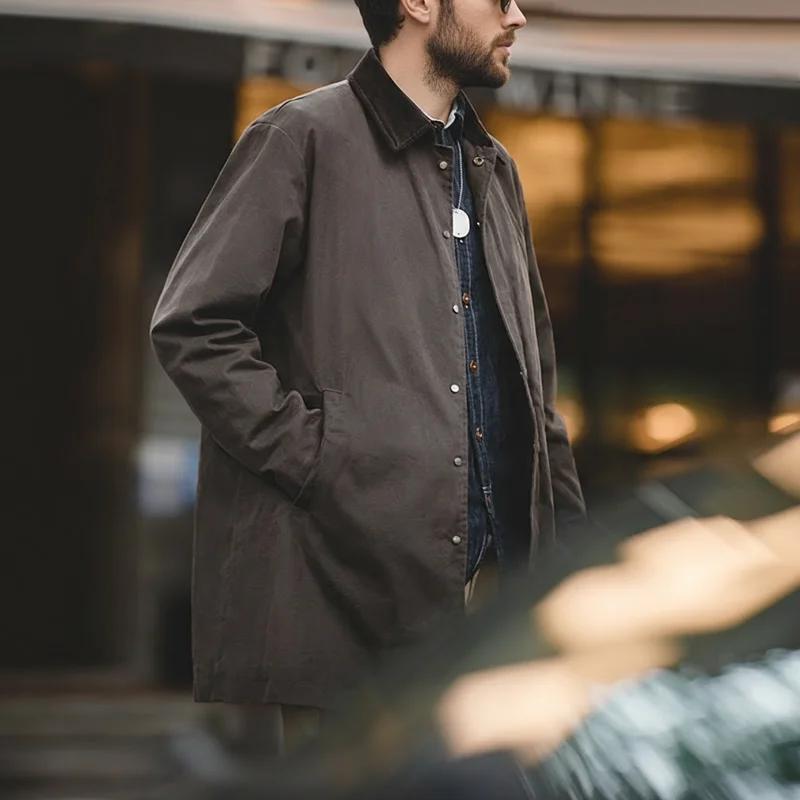 Maden Manteau vintage pour homme avec traitement ciré Manteau mi-long avec col en velours Protection