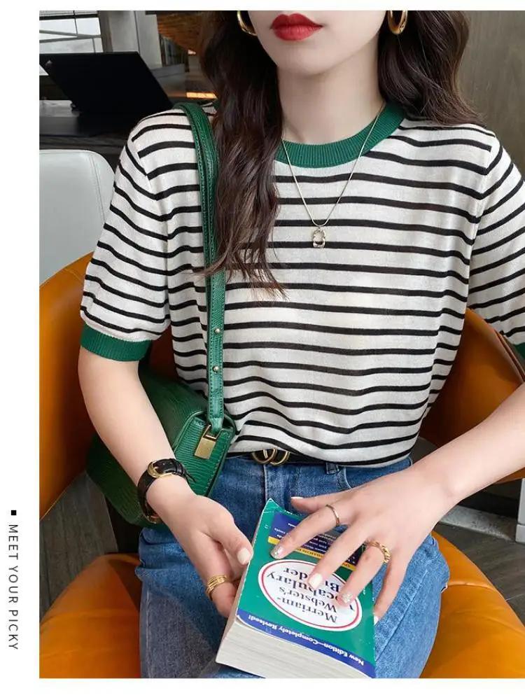 T-shirt décontracté à rayures pour femme, col rond, imprimé, manches courtes, tricoté, été 2026