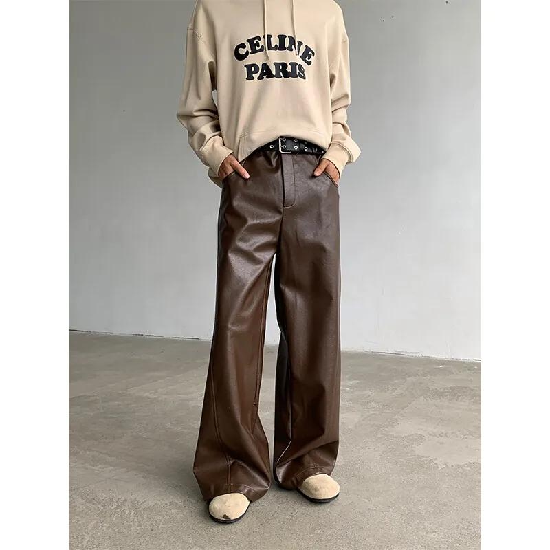 Pantalons en cuir PU pour hommes, Punk américain, mode Hip Hip, jambes larges, coupe-vent, marron fo