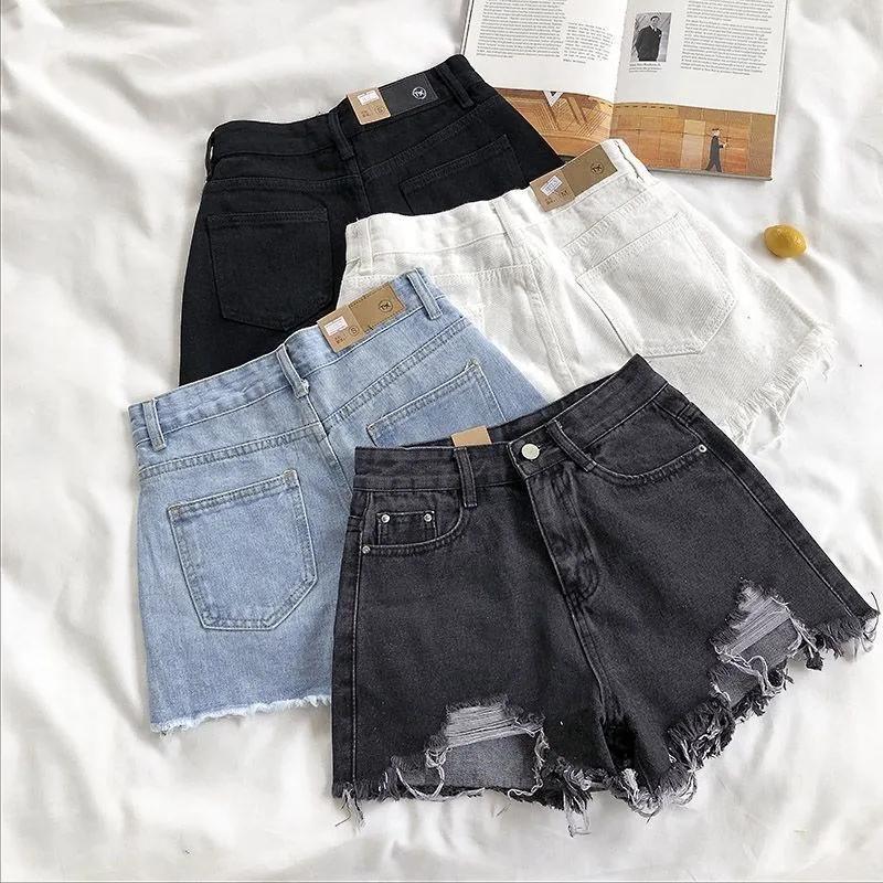 Short en jean déchiré taille haute pour femme, mode coréenne d'été, jean décontracté, poche, pompon,
