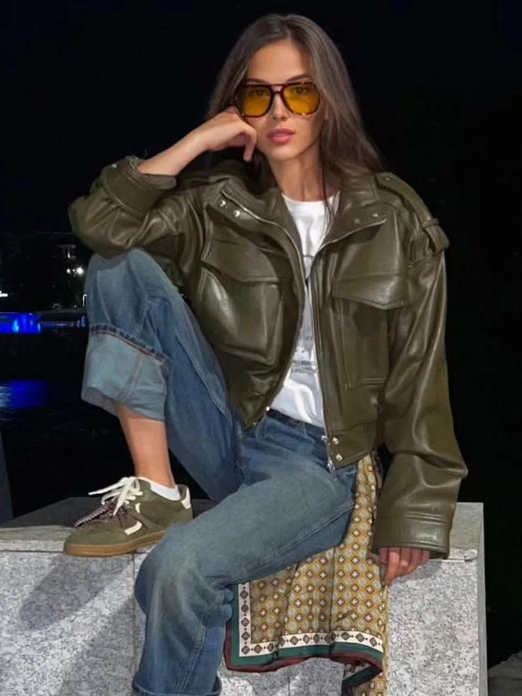 HH mode printemps femmes Faux cuir recadrée veste 2026 Vintage col rabattu fermeture éclair manches 
