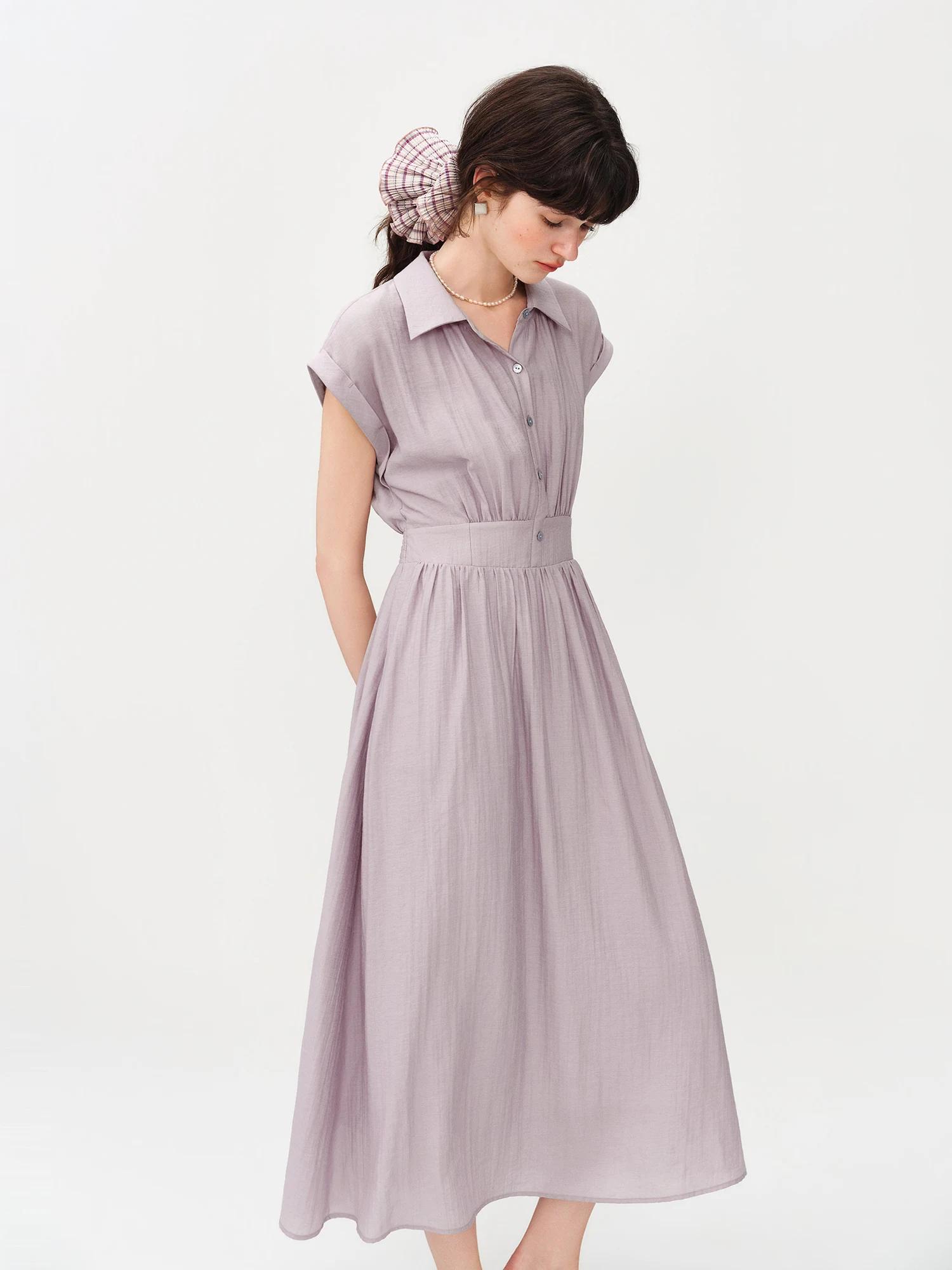 Robe mi-longue en lin coupe trapèze à col rabattu sans manches et taille ajustée en tissu Lyon, nouv