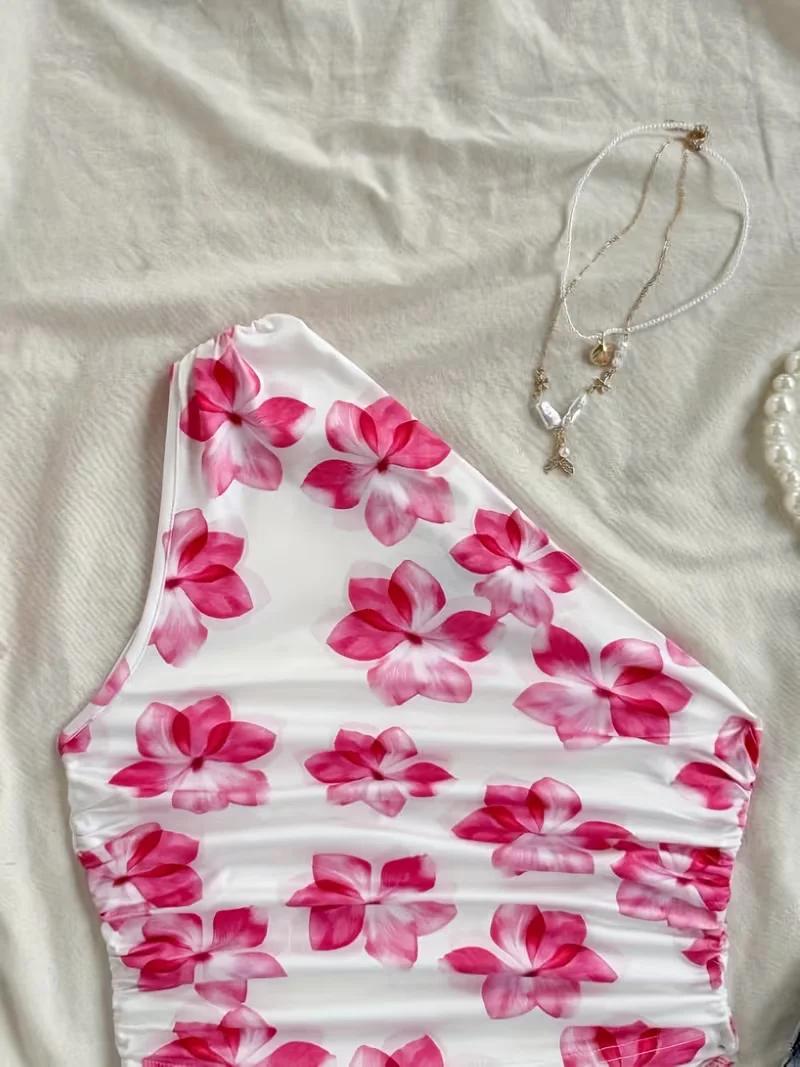 Haut court pour femme, haut court élégant à une épaule, débardeur imprimé floral, design asymétrique