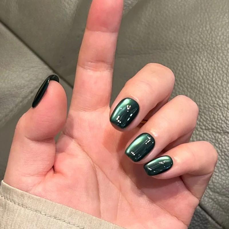 Faux ongles ronds courts, 24 pièces, Design d'ongles œil de chat, paillettes détachables, couleur un
