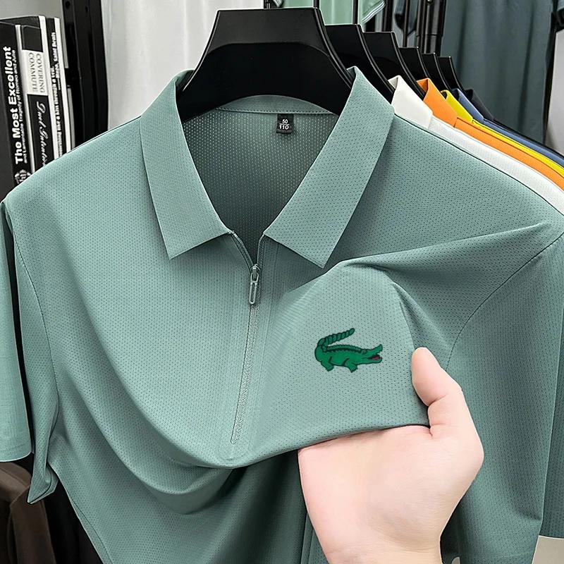 Polo texturé premium pour homme, sans couture, demi-zip, imprimé crocodile, manches courtes, col rev