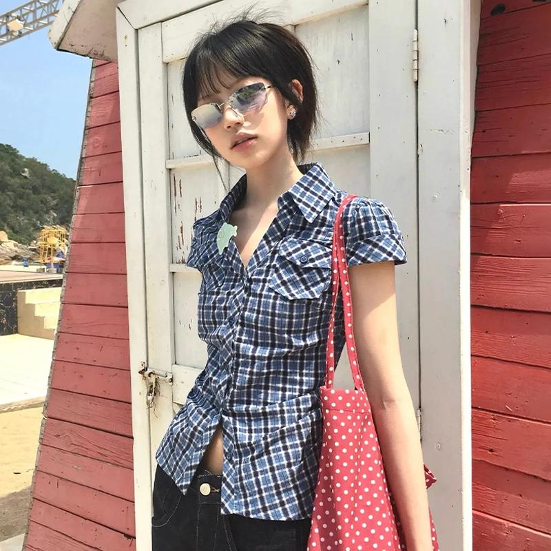 Karrram japonais Y2k chemise à carreaux Vintage Harajuku col en v Blouses mode coréenne femmes chemi