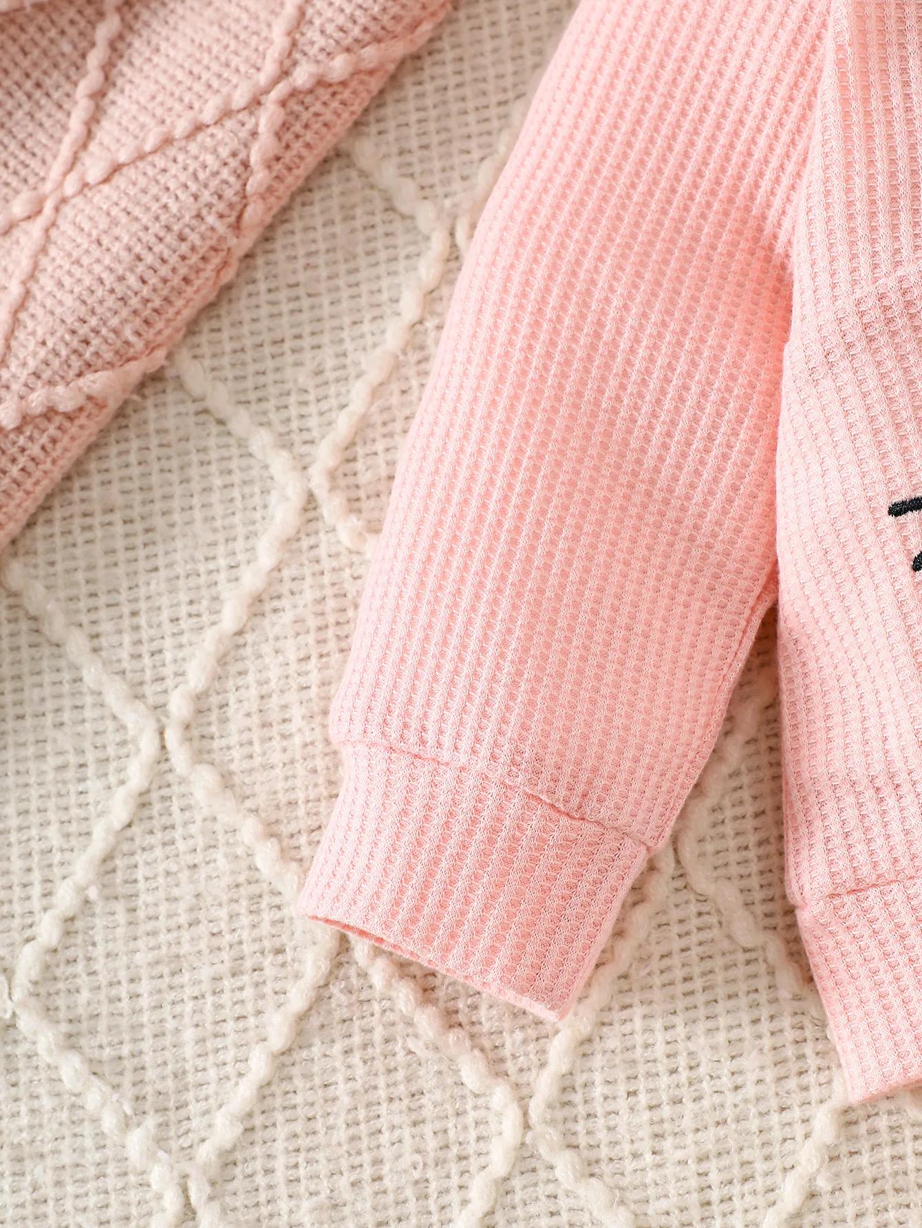 Broderie de lapin mignon pour bébés et tout-petits, sweat-shirt gaufré, pantalon de jogging rayé, en