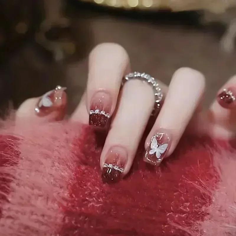Faux ongles de Ballet rouge, 24 pièces, papillon, paillettes courtes avec strass, Design français, c