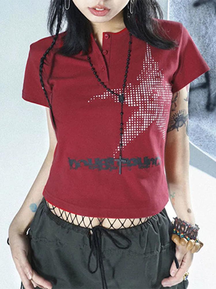 Haut court à manches courtes et col rond pour femmes, T-shirt graphique, Streetwear à motif d'étoile