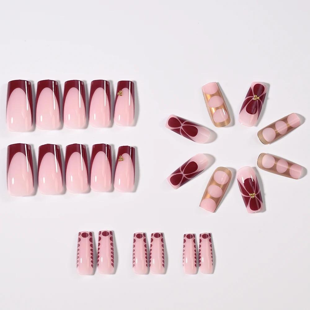 Faux ongles français en forme de cercueil, fleur rétro, longs, Caviar, perle florale, or, Design cre