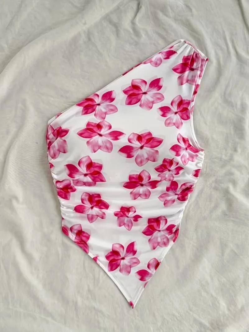 Haut court pour femme, haut court élégant à une épaule, débardeur imprimé floral, design asymétrique