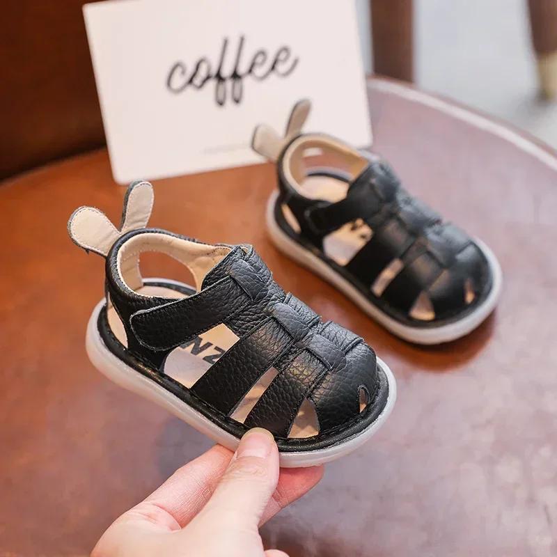 Sandales d'été anti-collision en cuir véritable pour bébé fille et garçon, chaussures de plage soupl