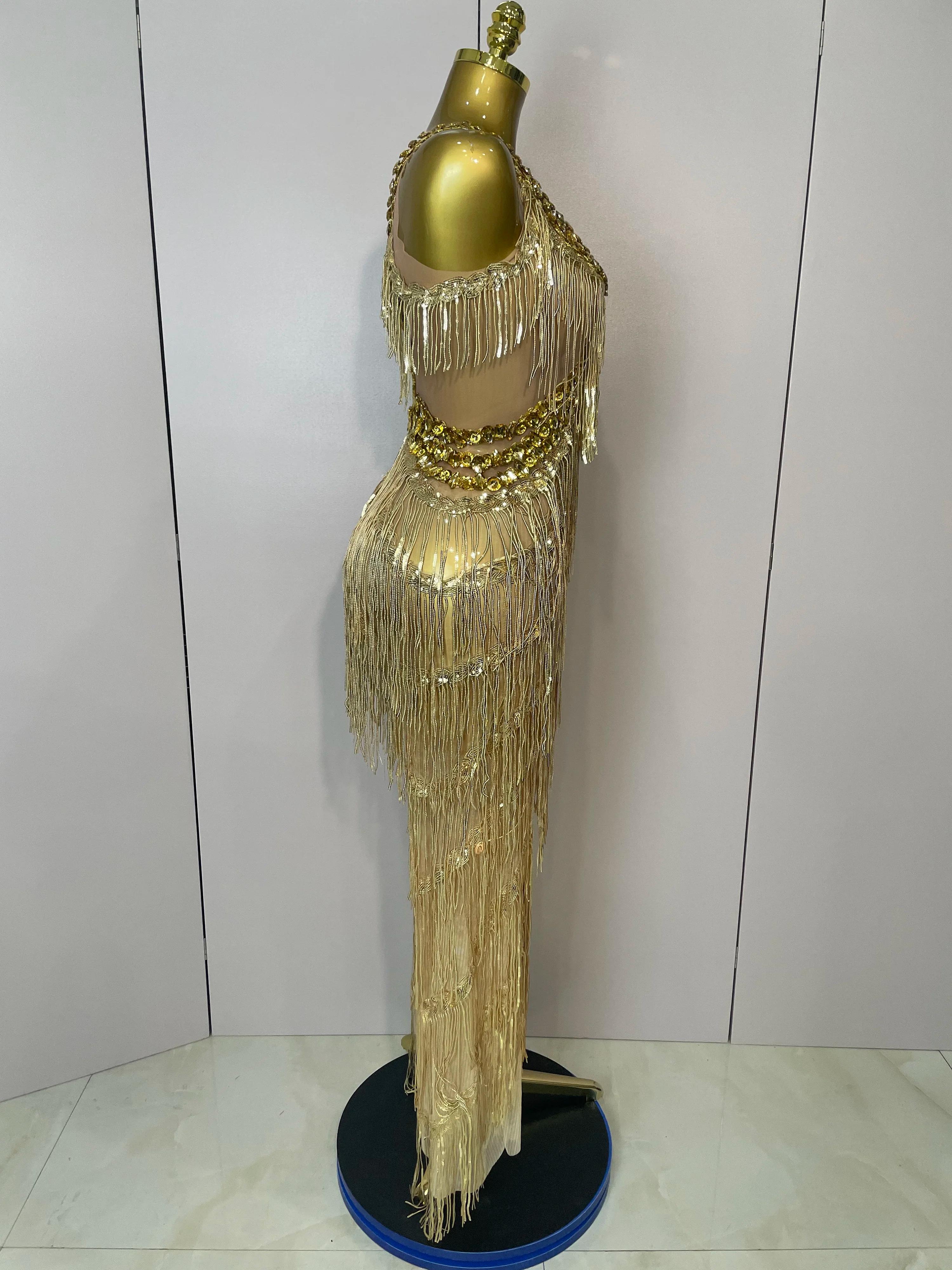 Combinaison à jambes larges pour femmes, strass dorés brillants, franges pailletées, tenue de soirée