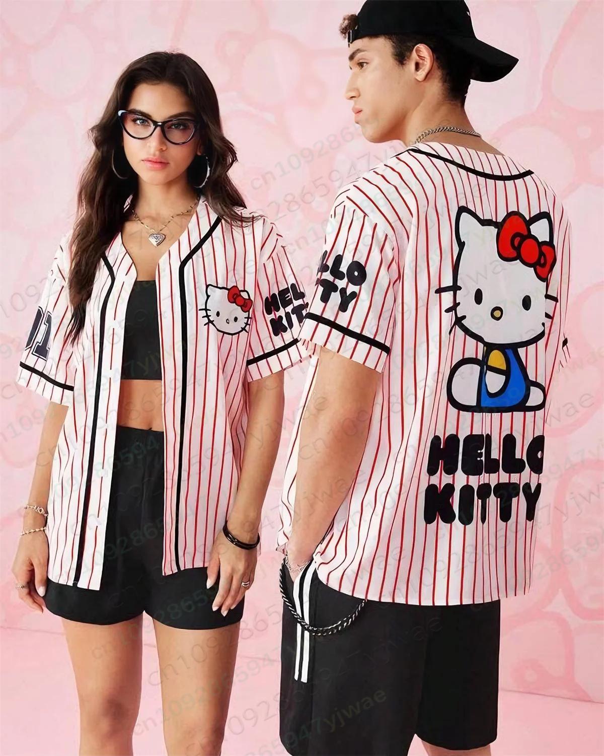 Maillot de baseball Hello Kitty classique à rayures, t-shirt à manches courtes avec motif de dessin 