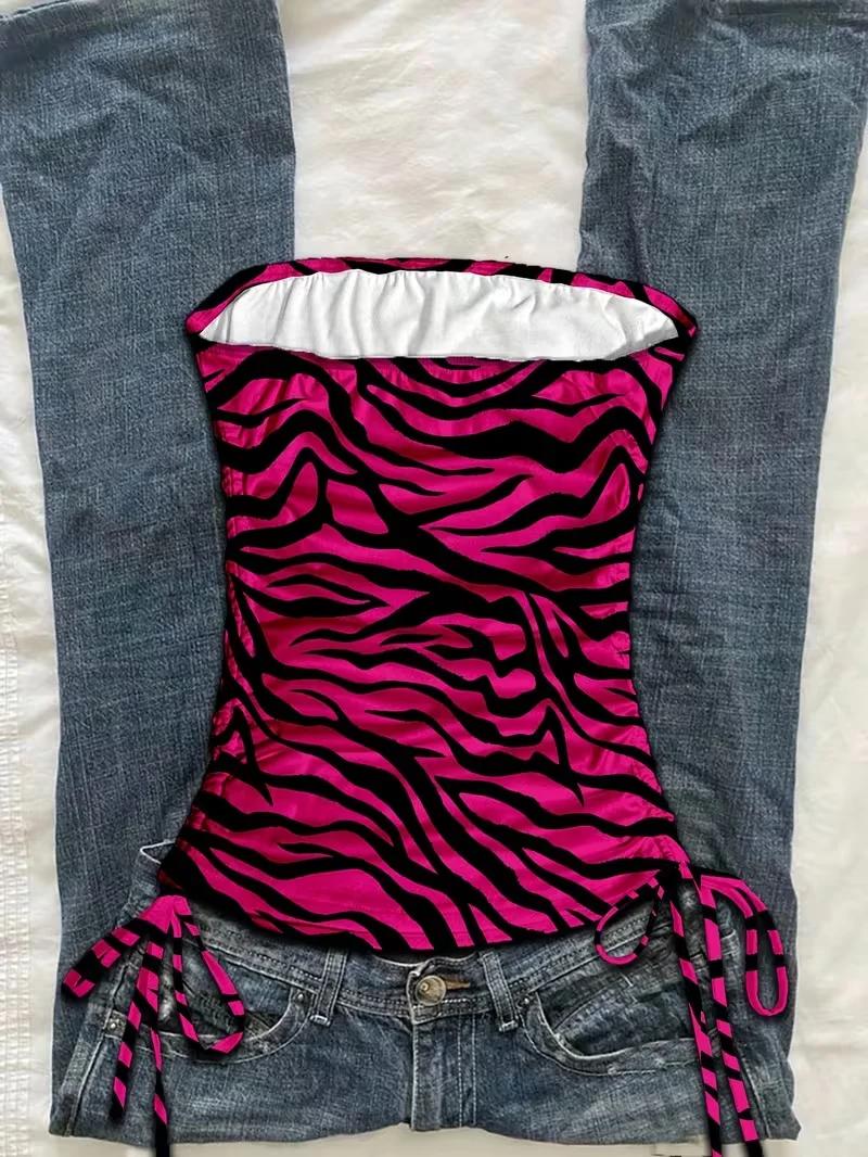 Haut court pour femmes, gilet plissé à lacets imprimé léopard, haut sans manches imprimé zèbre, haut