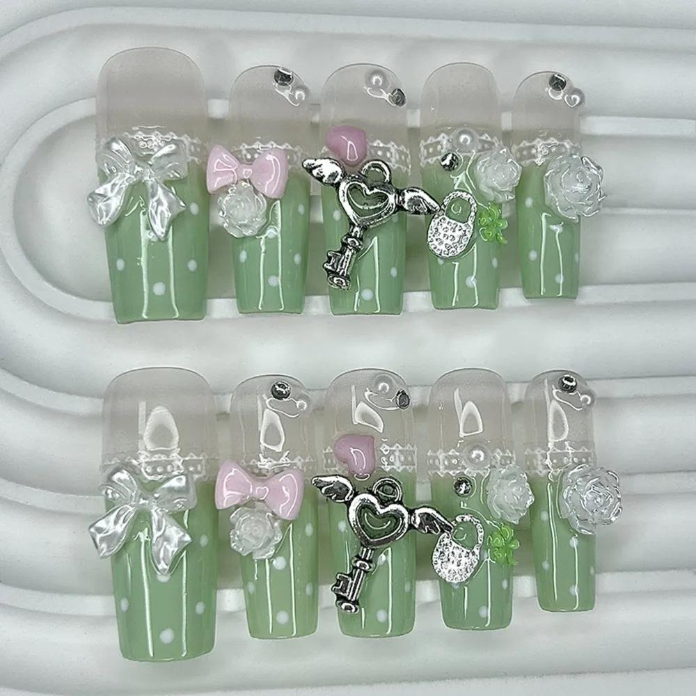 Y2K Vintage Gyaru français dentelle longue à la main presse sur les ongles arc perle à pois trèfle f