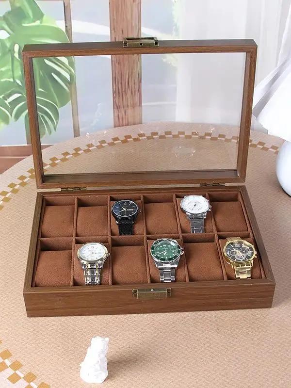 Boîte à montres en bois à 12 emplacements avec couvercle en verre, vitrine à montres en bois, boîte
