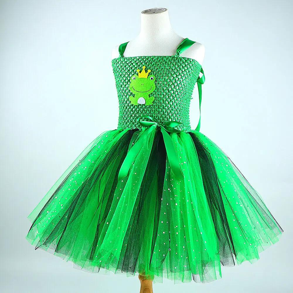 Robes de princesse grenouille verte scintillante pour petites filles, déguisement d'anniversaire pou