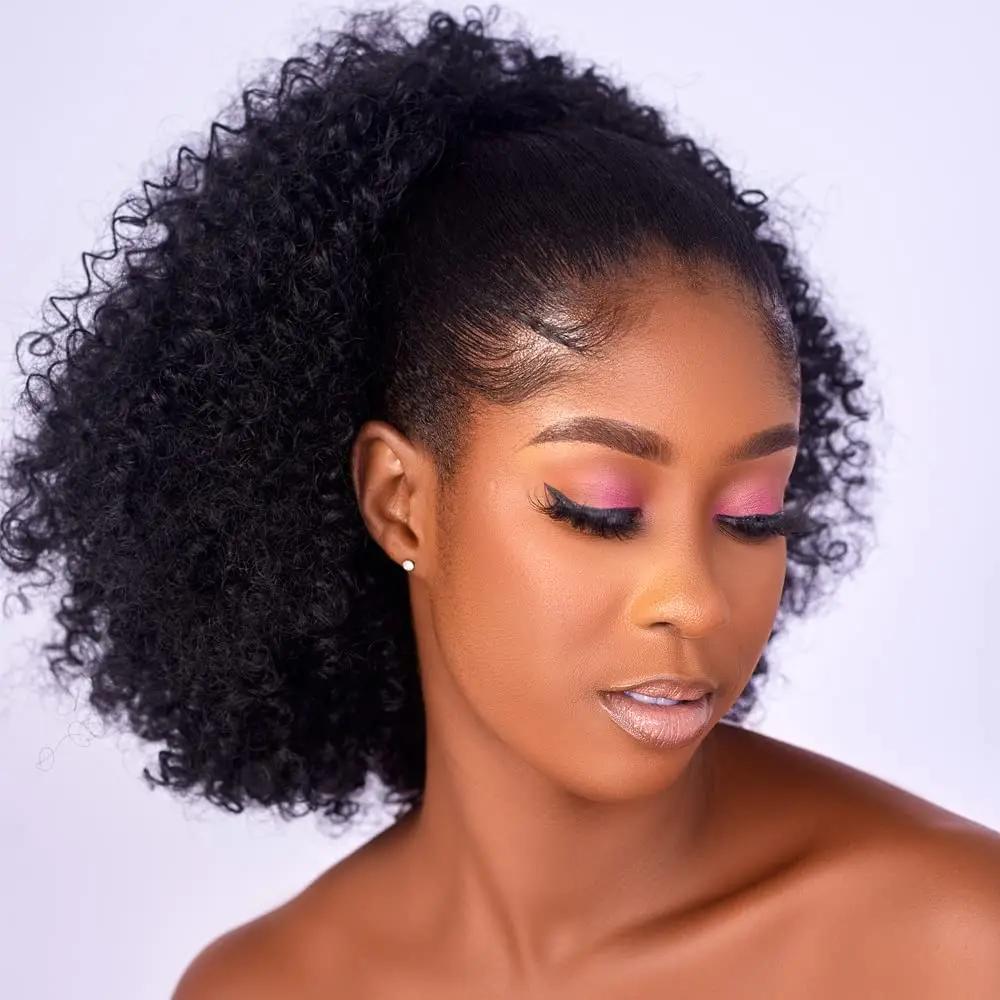 Extension de queue de cheval synthétique Afro bouffante, cheveux crépus bouclés avec cordon de serra