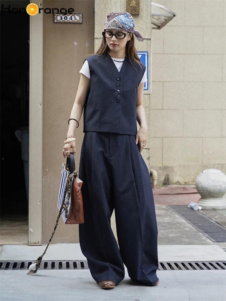 HanOrange 2025 début automne Simple gilet court + pli courbé jambe large pantalon femmes 2 pièces en