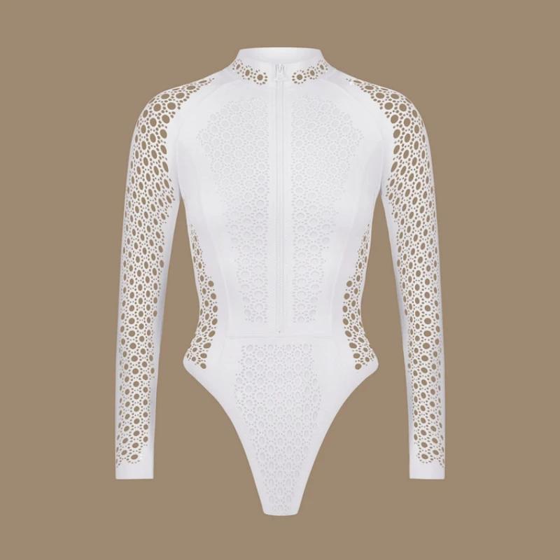 MUl'hyaffiliés-Maillot de bain blanc à manches longues pour femme, ensemble une pièce sexy, avec fer