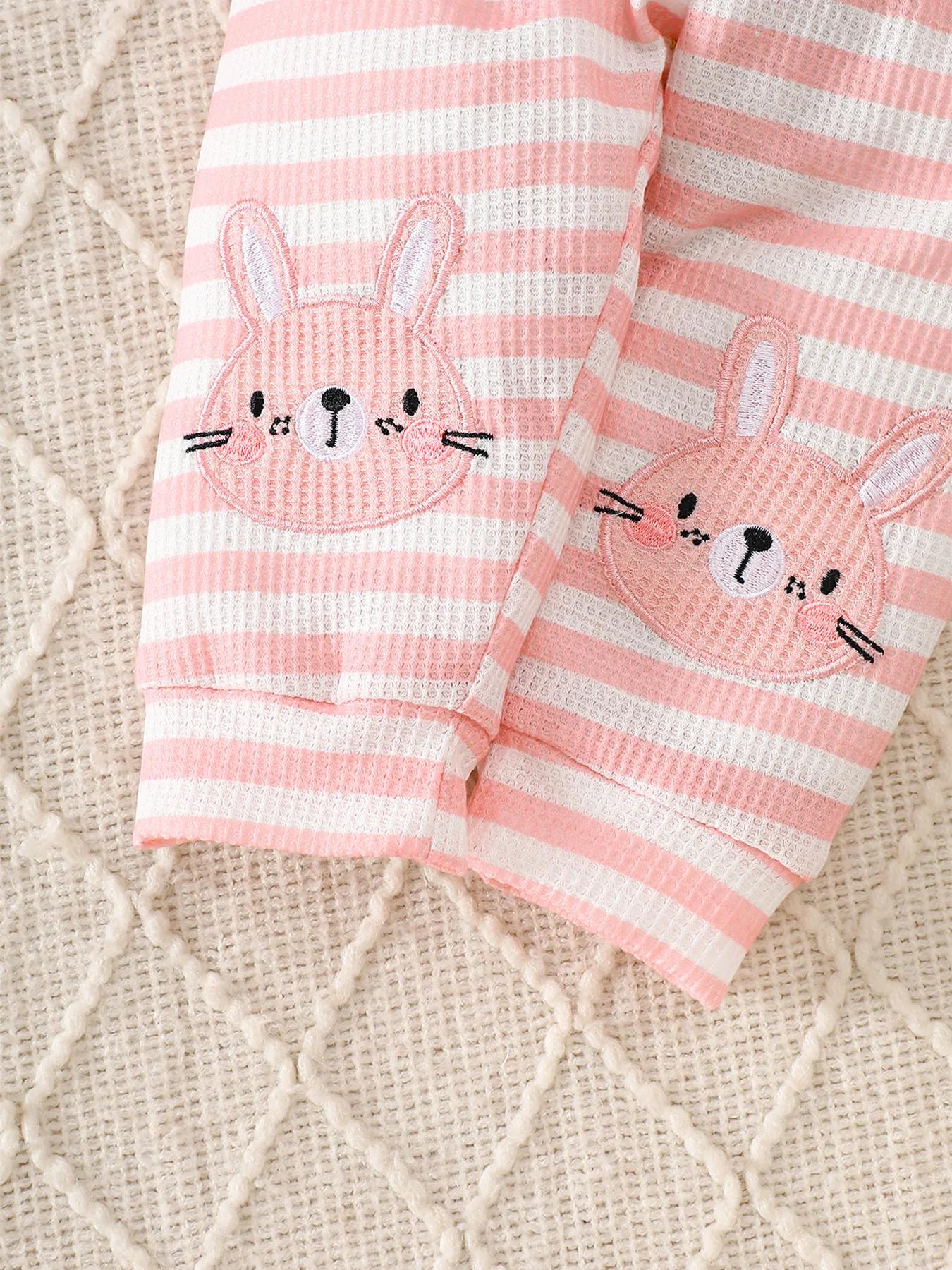 Broderie de lapin mignon pour bébés et tout-petits, sweat-shirt gaufré, pantalon de jogging rayé, en