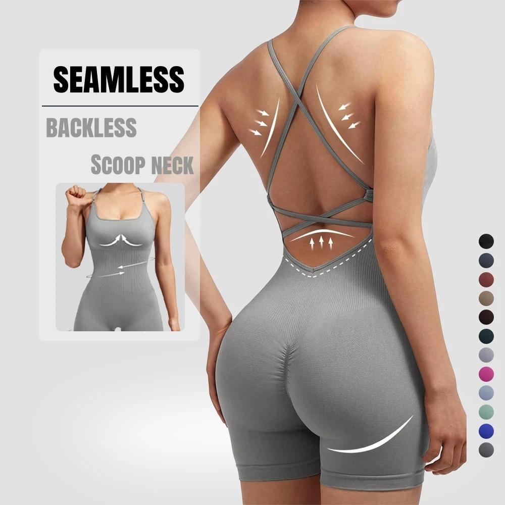 Combinaison de sport sexy pour femme, justaucorps de yoga une pièce, short froncé, dos nu, ajustable