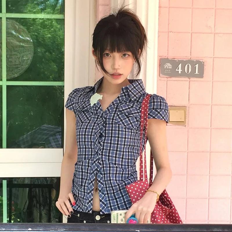 Karrram japonais Y2k chemise à carreaux Vintage Harajuku col en v Blouses mode coréenne femmes chemi